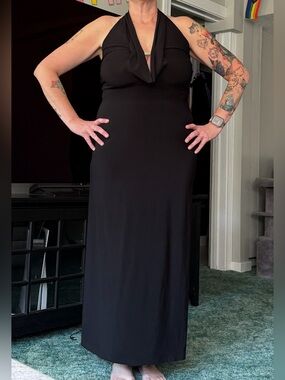 Vintage Cache Black Halter Maxi Dress Size 12 Open Strappy Back Made in USA